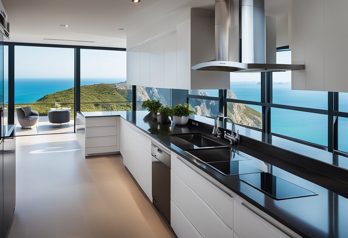 A modern kitchen with sleek countertops and stainless steel appliances, overlooking a panoramic ocean view