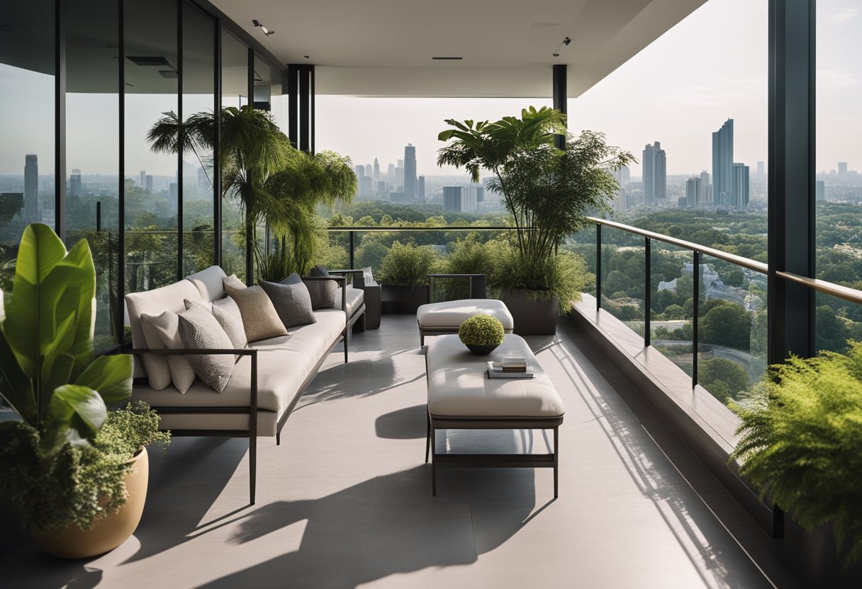A spacious balcony with modern furniture and lush green plants, overlooking a city skyline and a serene natural landscape