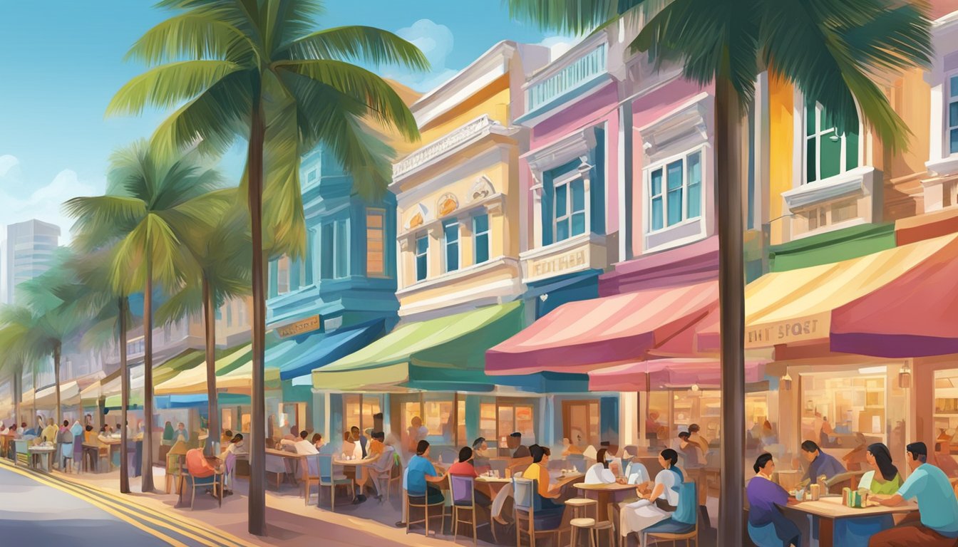 A bustling South Beach street lined with vibrant restaurants, where chefs create culinary delights and diners savor the flavors of Singapore
