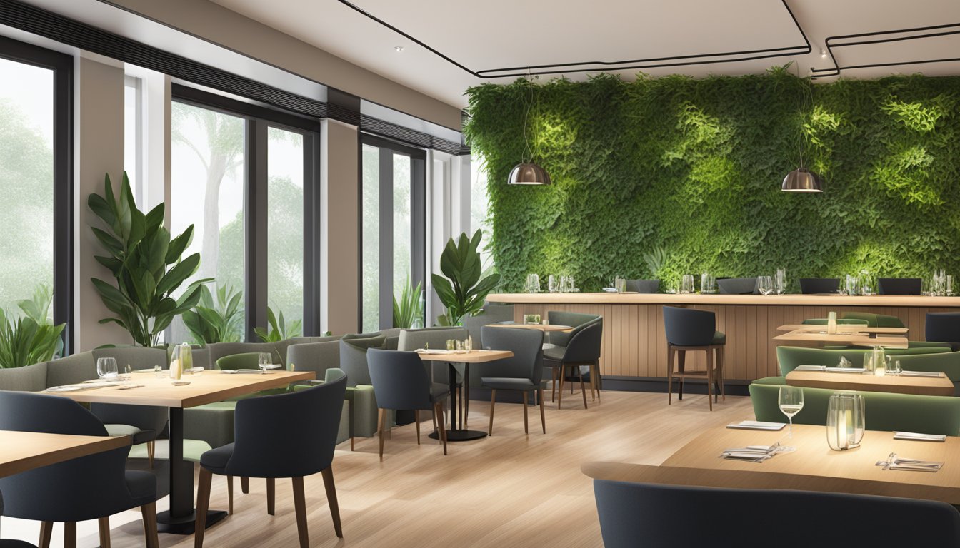 The Elements restaurant features a modern, minimalist interior with sleek furniture, soft lighting, and a vibrant green plant wall as the focal point