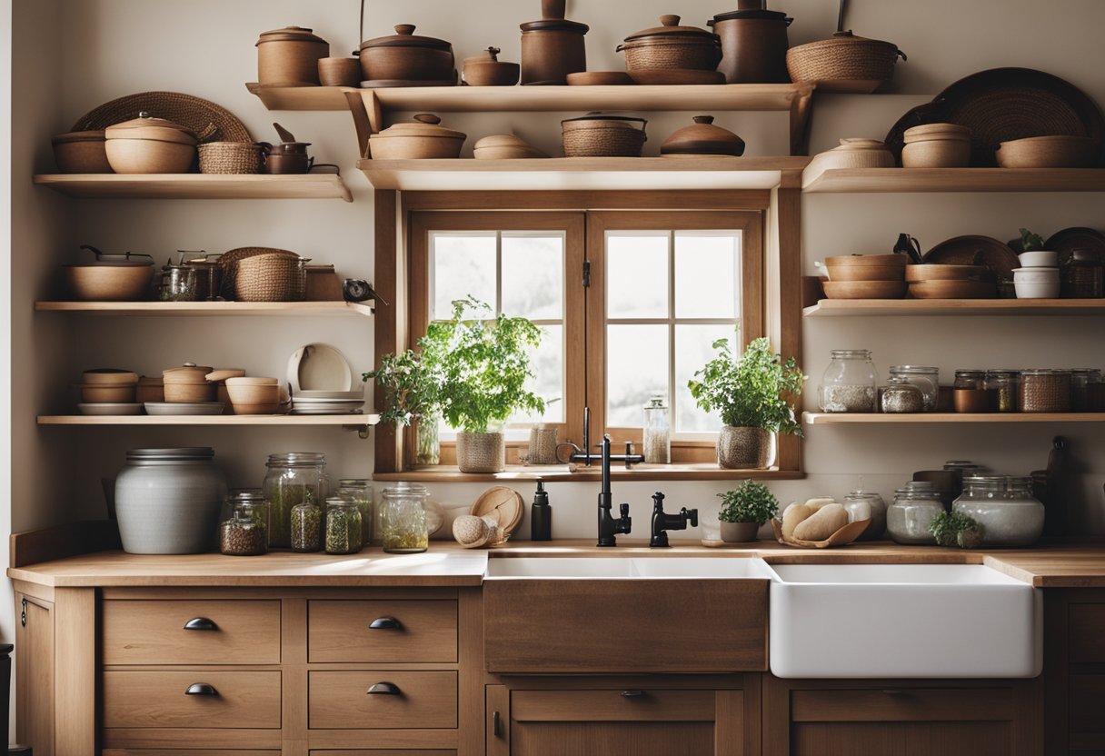 A wooden kitchen island with hanging pots, a farmhouse sink, and open shelves filled with jars and baskets
