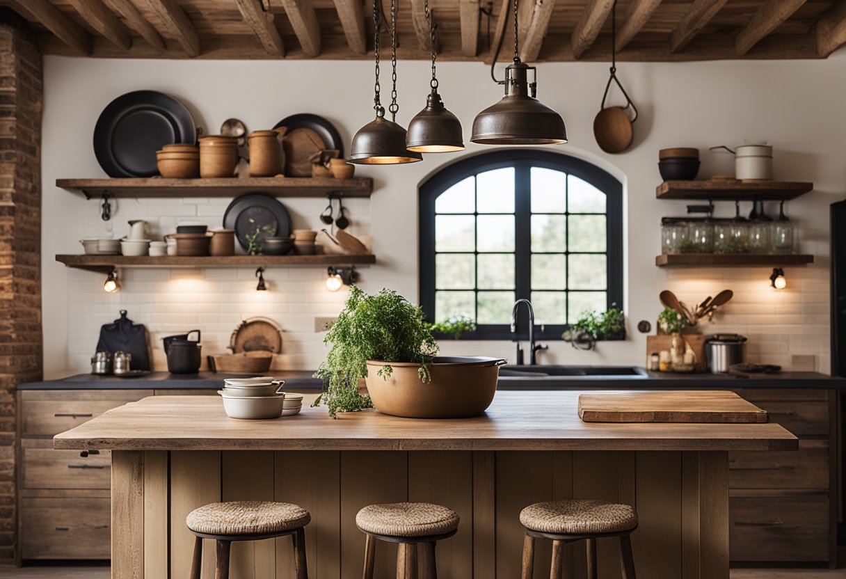 A wooden rustic kitchen island with open shelves, a distressed finish, and a stone countertop. Hanging pots and pans, and a vintage pendant light complete the cozy, farmhouse look