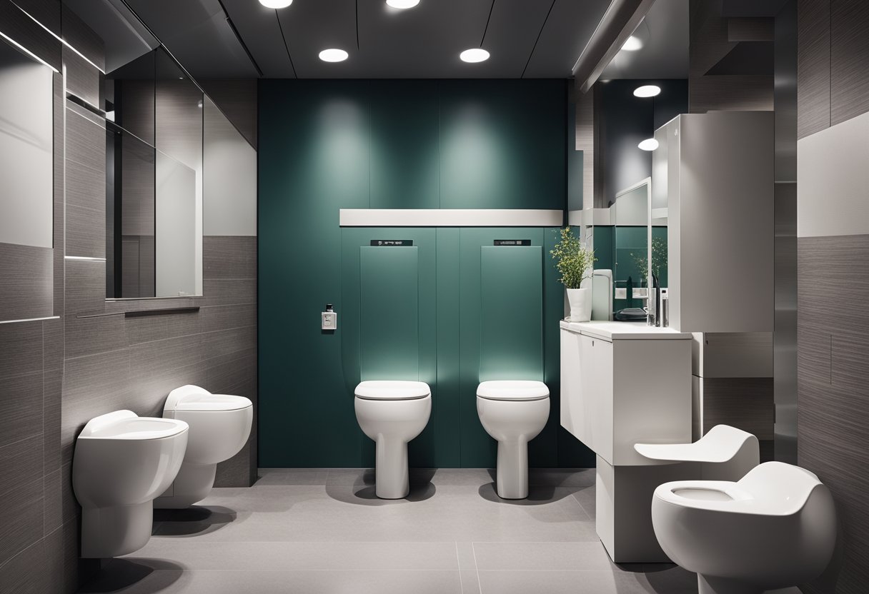 A unisex toilet with clear signage, spacious stalls, and accessible amenities. Privacy and comfort are prioritized, with neutral and modern design elements