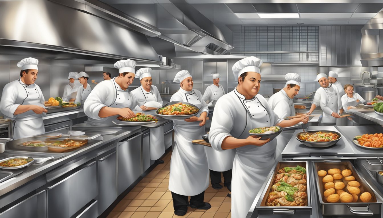 The bustling kitchen of Culinary Delights, with chefs preparing gourmet dishes and servers carrying trays of delectable food to eager diners