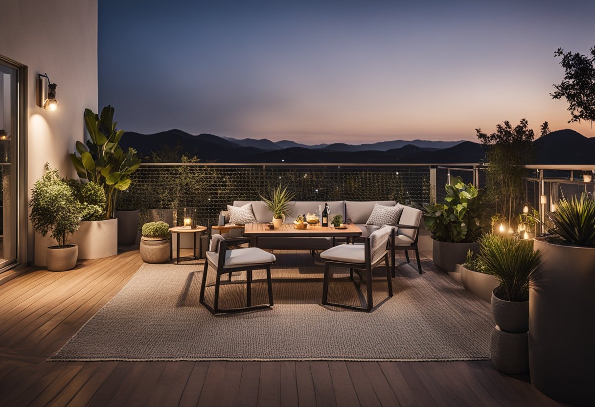A spacious balcony with modern furniture, potted plants, and a cozy outdoor rug. A sleek outdoor kitchen and a stylish bar area complete the design