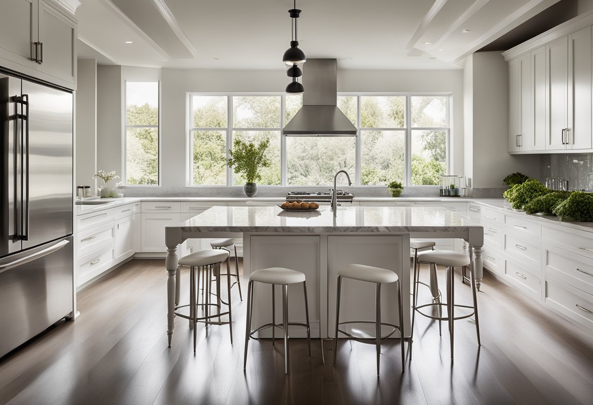 A modern kitchen with sleek, white cabinets and stainless steel appliances. A large island with a marble countertop sits in the center, surrounded by bar stools. Natural light floods in through the windows, illuminating the space