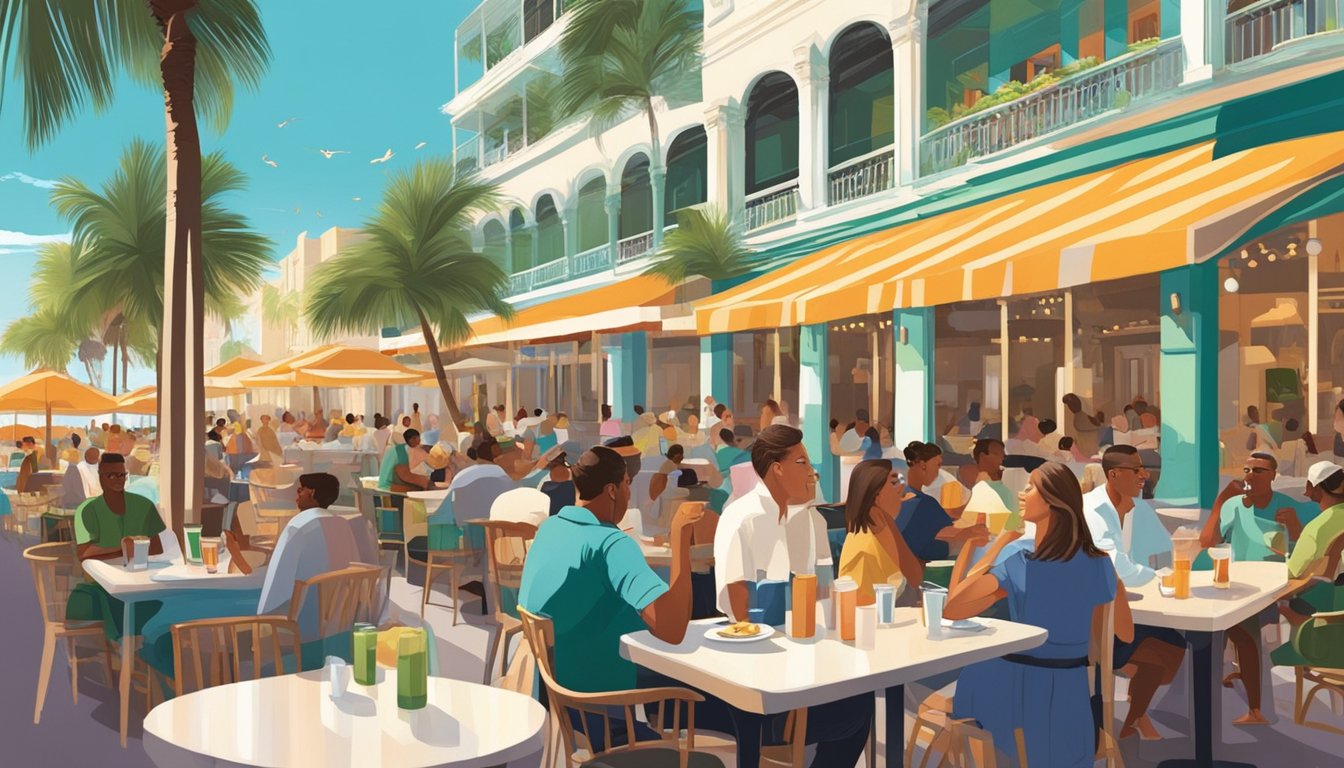 Customers dining at outdoor tables, servers bustling between them, palm trees swaying in the breeze, and the iconic South Beach architecture in the background