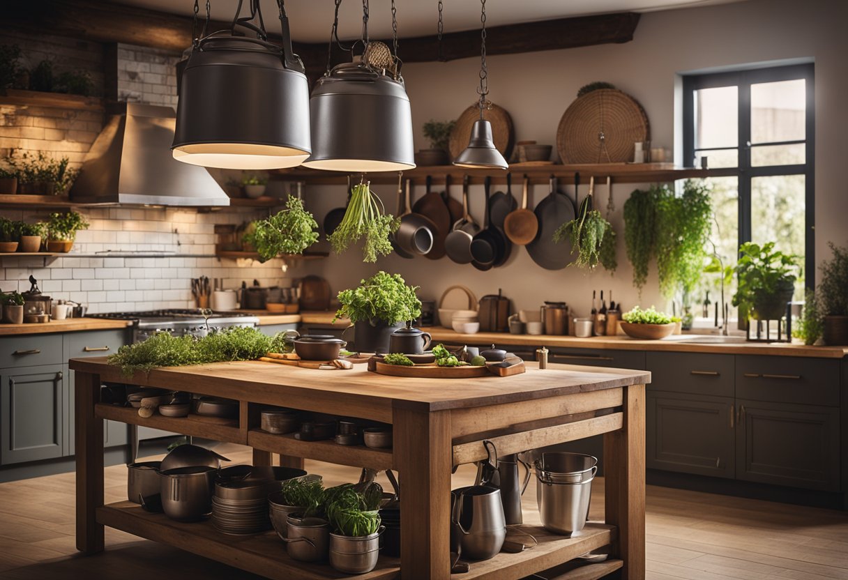 A wooden rustic kitchen island stands in a cozy kitchen, adorned with hanging pots and pans, fresh herbs, and a warm glow from overhead pendant lights