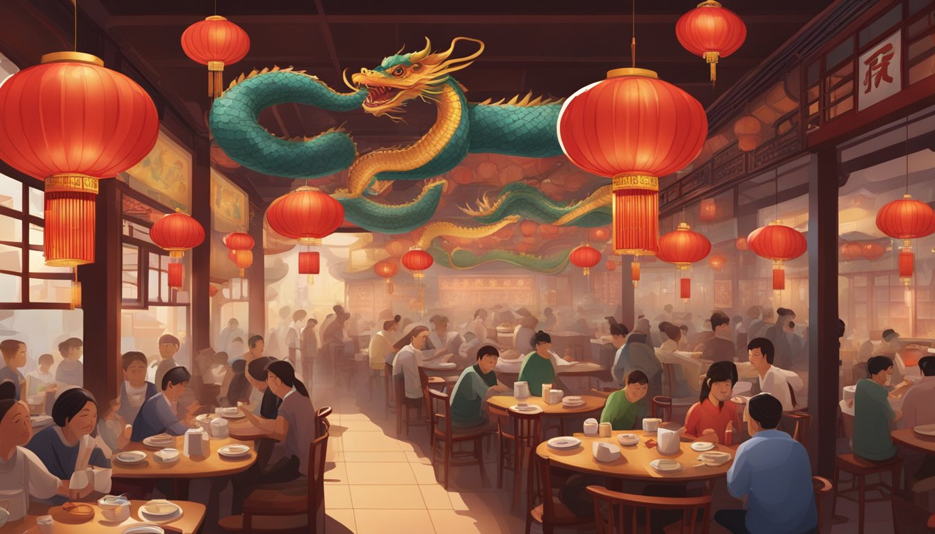 A bustling Chinese restaurant with red lanterns, round tables, and a dragon mural on the wall. Steam rises from dumplings and noodles on the tables