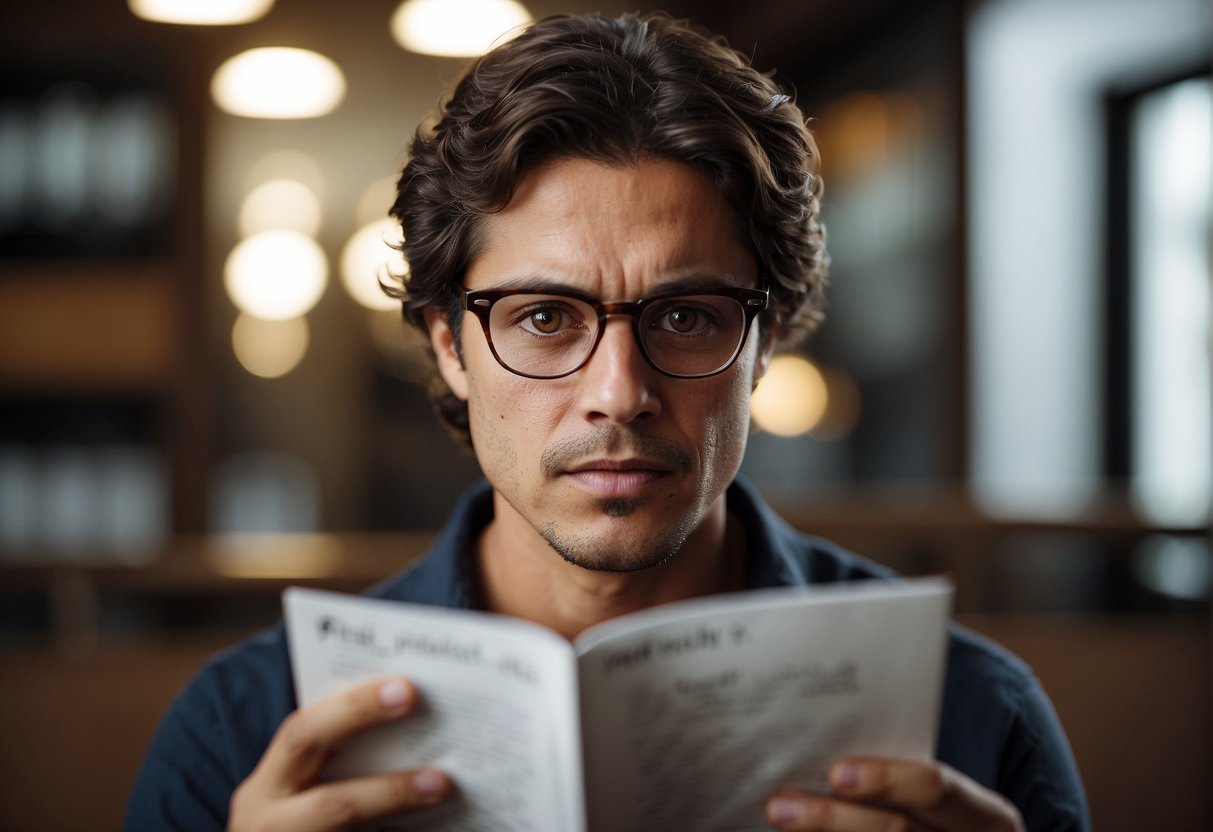 A brown-eyed person reading an eye health pamphlet with a concerned expression