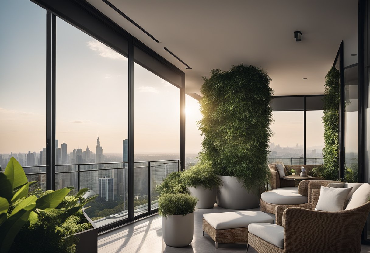 A spacious balcony with modern furniture and lush greenery, overlooking a city skyline or serene natural landscape