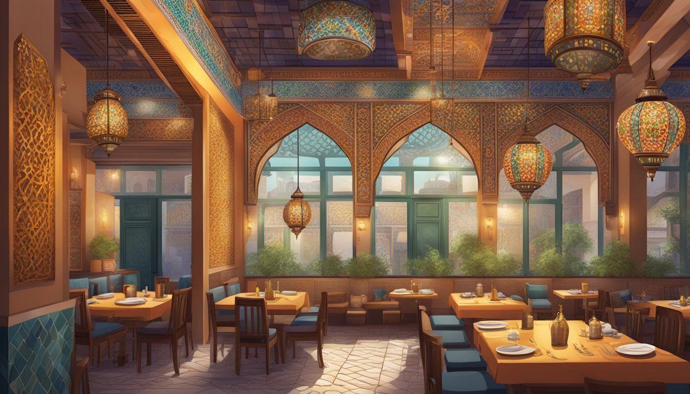 An Islamic restaurant with colorful mosaic tiles, ornate calligraphy, and traditional lanterns hanging from the ceiling. Aromatic spices and steaming dishes fill the air