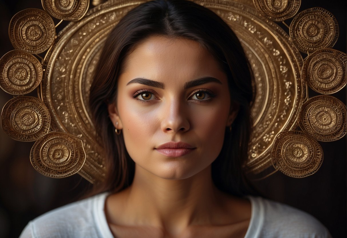 A person with brown eyes surrounded by cultural symbols and showing emotional expressions