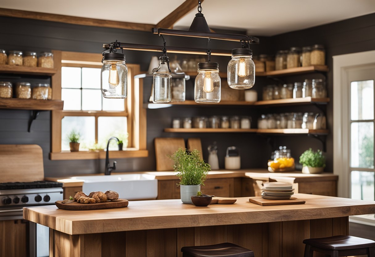 A rustic kitchen island with hanging pots, wooden stools, and a butcher block countertop. Shelves display mason jars and cookbooks. A pendant light illuminates the cozy space