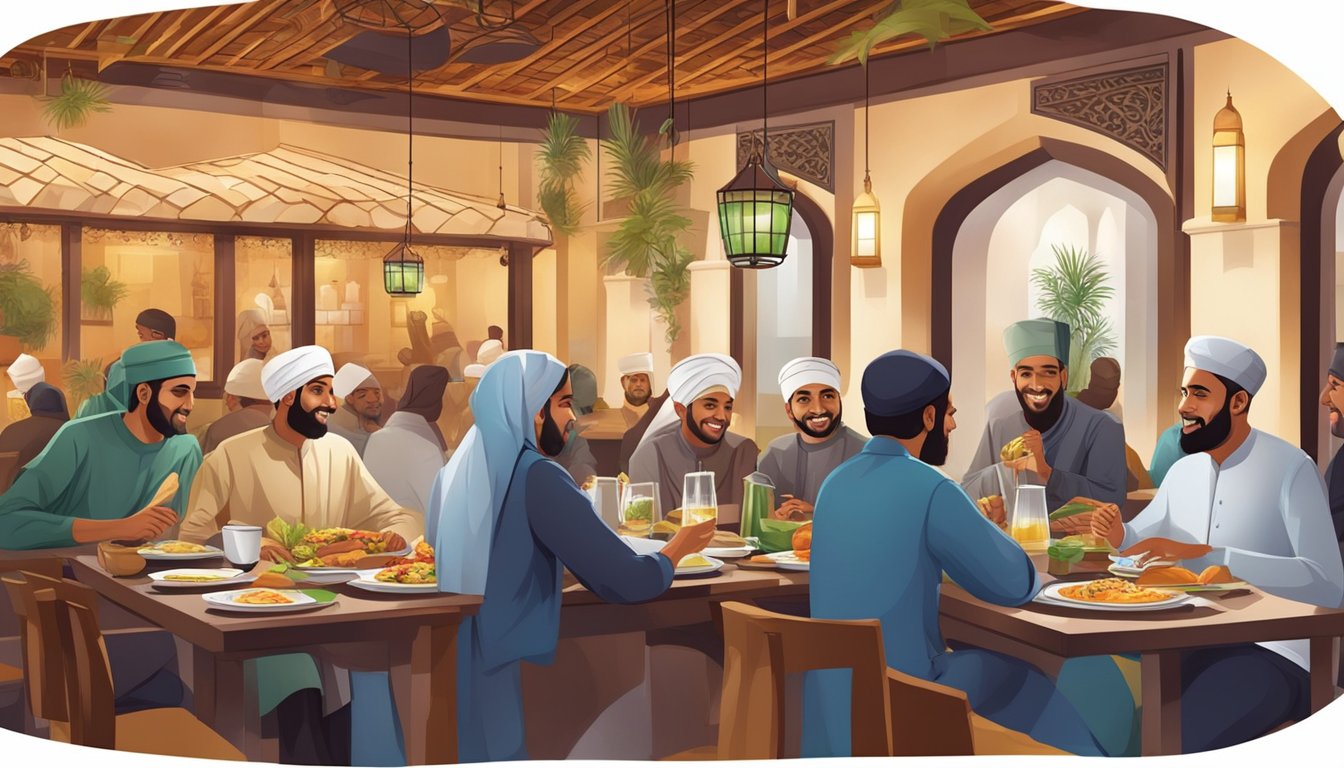 Customers dining at a bustling Islamic restaurant, enjoying flavorful dishes and engaging in lively conversations with the friendly staff