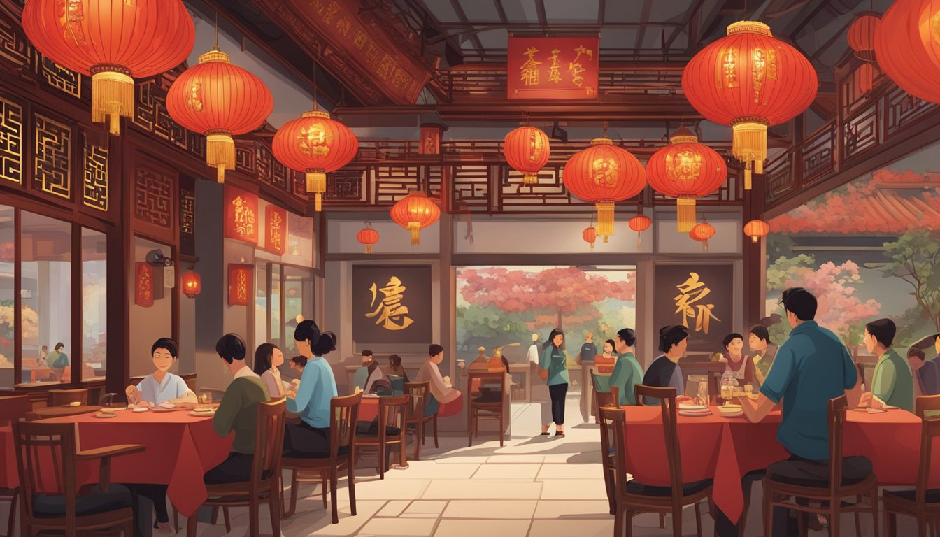 A bustling Chinese restaurant with diners enjoying traditional Xin cuisine. Decor features red lanterns and ornate artwork. A sign reads "Frequently Asked Questions" at the entrance