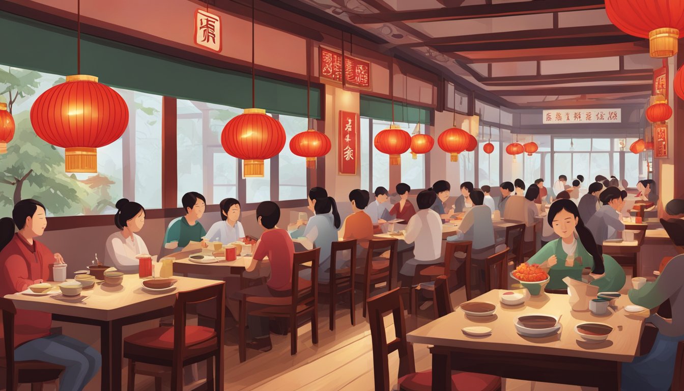 A bustling Sichuan restaurant with red lanterns, wooden tables, and steaming hot pots on every table