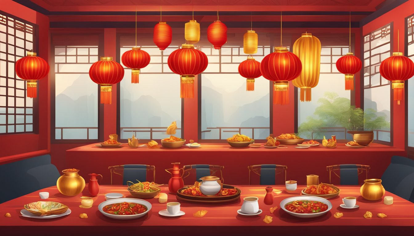 Vibrant red and gold decor, with traditional Chinese lanterns hanging from the ceiling. A table set with colorful dishes of spicy Sichuan cuisine