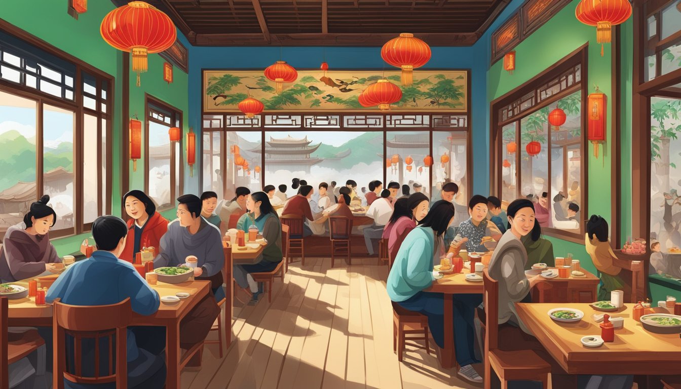 A bustling Sichuan restaurant with red lanterns, ornate wooden tables, and a vibrant mural of pandas and bamboo. Customers eagerly await their spicy dishes