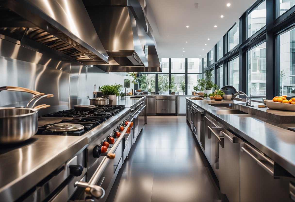 The open kitchen bustles with stainless steel appliances and a central cooking station surrounded by sleek countertops and hanging pots and pans