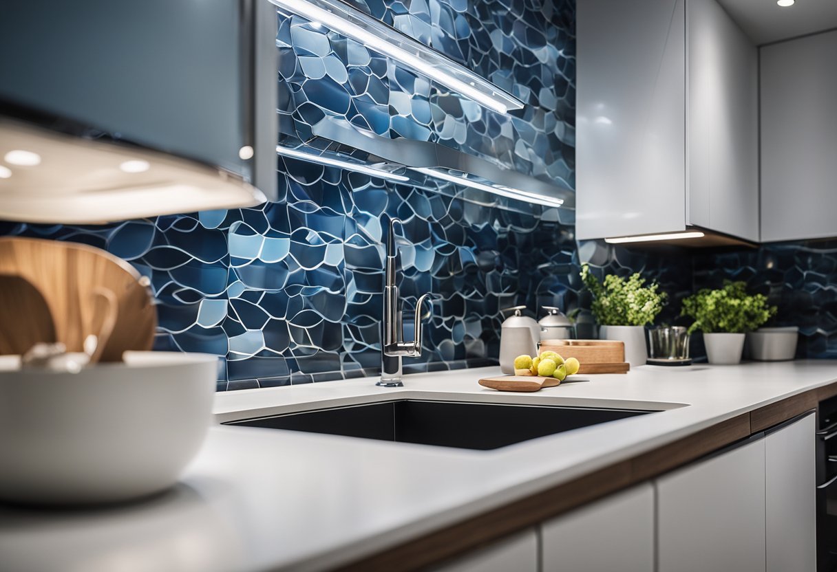 A modern kitchen with geometric tile backsplash in shades of blue and white, illuminated by under-cabinet lighting