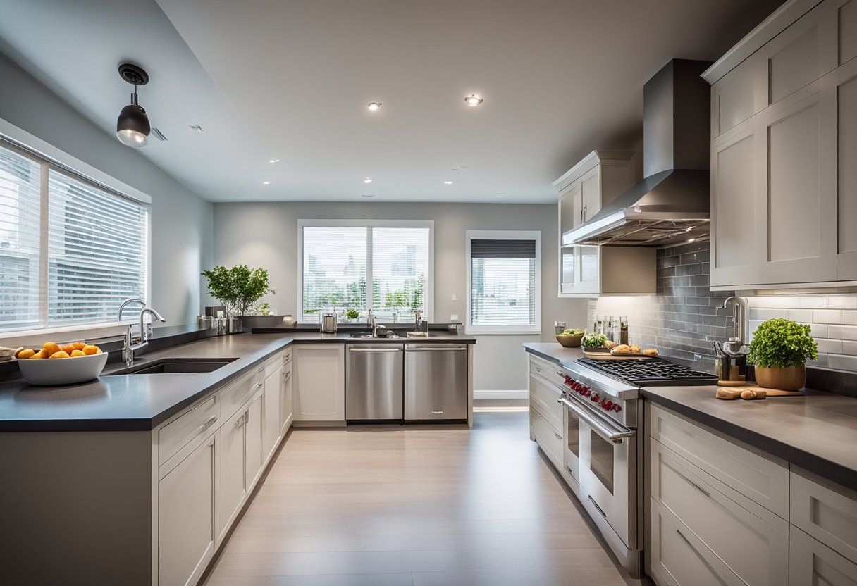 An open kitchen with modern appliances, sleek countertops, and ample natural light. The layout is spacious, with a central cooking area and visible food preparation stations
