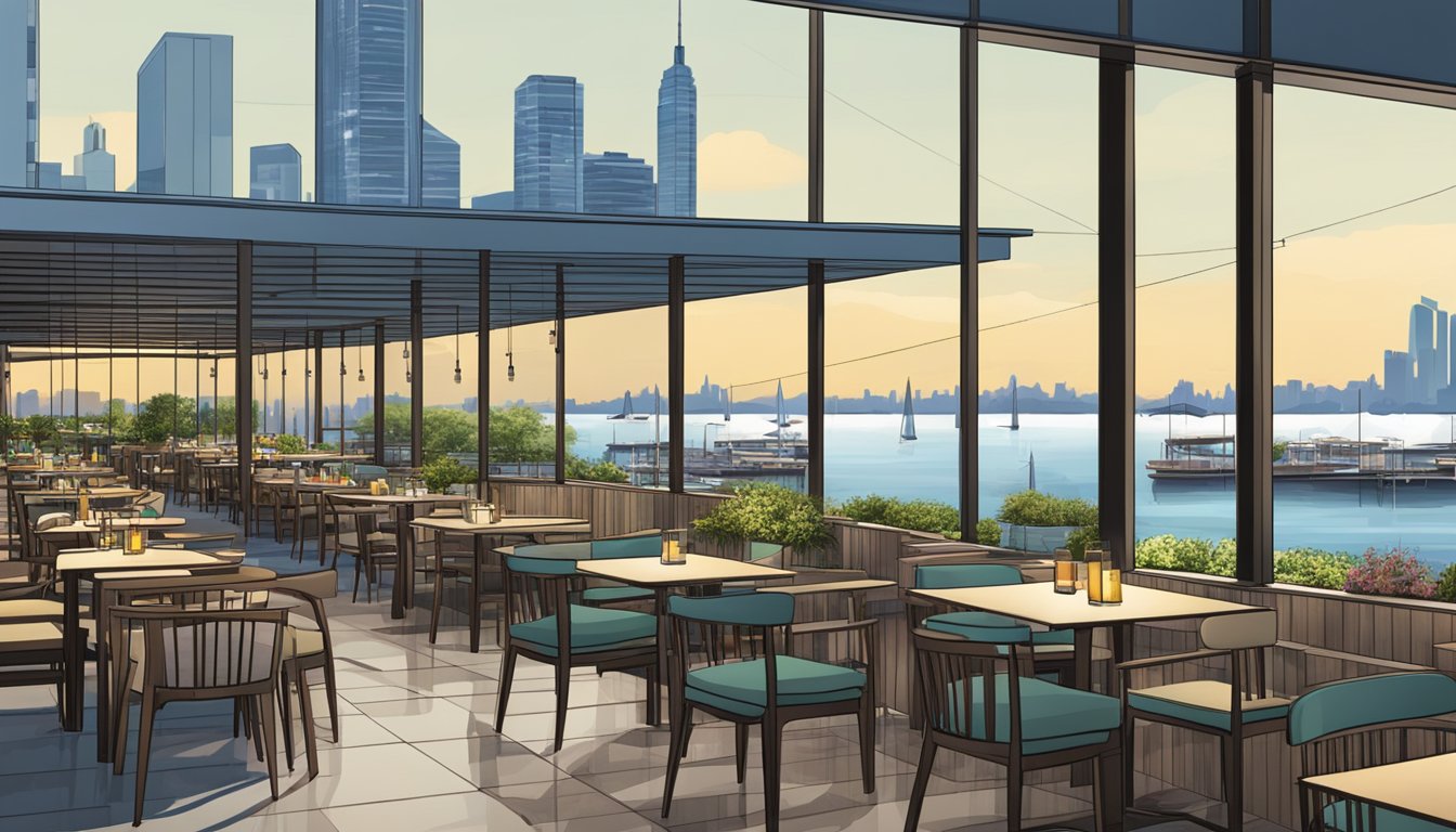 A row of modern restaurants with outdoor seating at MBFC, overlooking the waterfront and city skyline