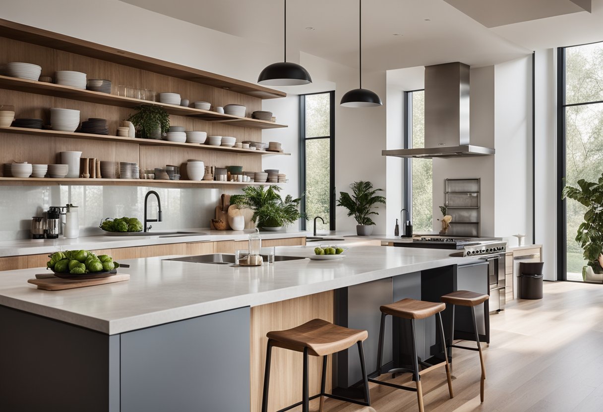 A modern kitchen with sleek countertops, open shelving, and a large island. Natural light floods the space through large windows, highlighting the clean and minimalist design