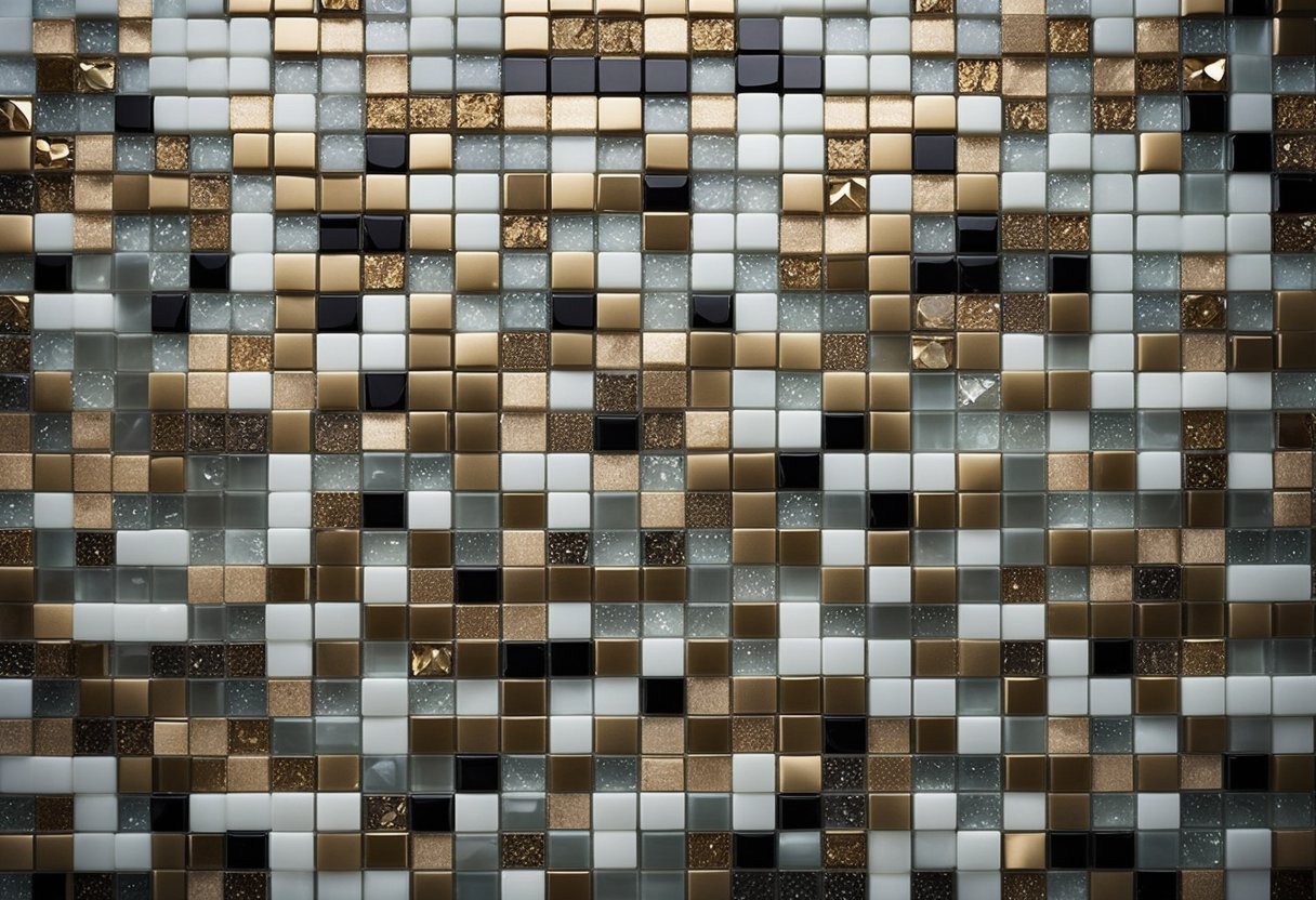 A variety of materials and textures adorn the kitchen backsplash, including glass, stone, and metal tiles in a mosaic pattern