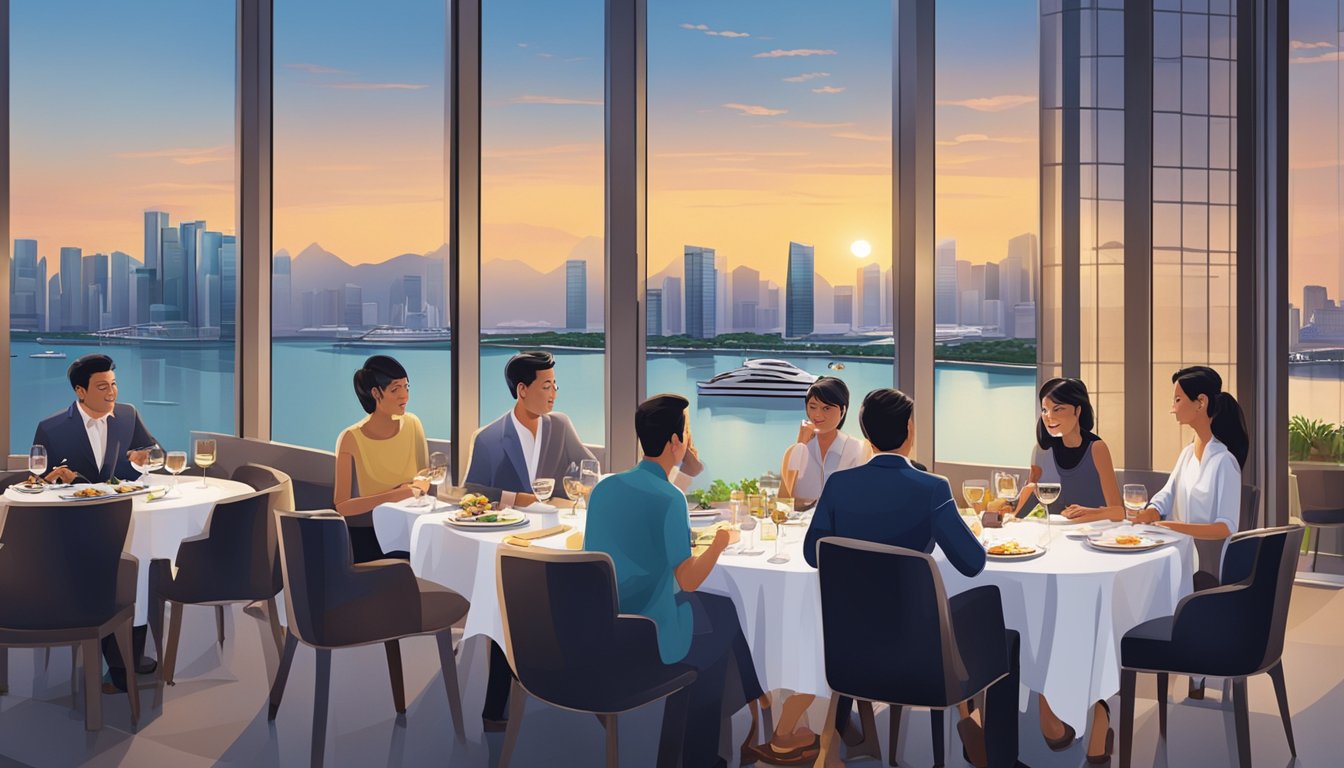 Diners enjoying waterfront views at upscale restaurants in Marina Bay Financial Centre