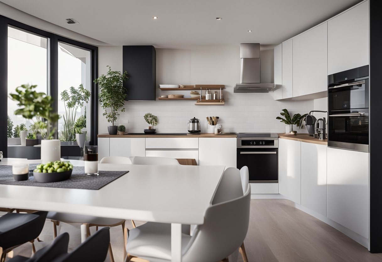 An open kitchen with modern appliances and a spacious layout, featuring a clear view of the cooking area from the dining area