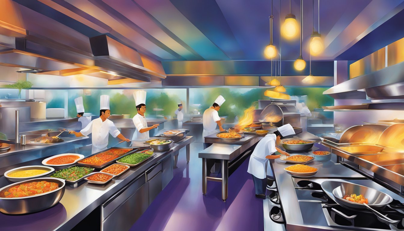 Vibrant dishes sizzle on the open kitchen counter at Culinary Delights hue restaurant. A symphony of colors and aromas fills the bustling space