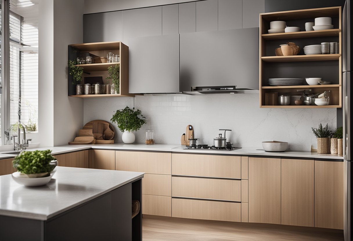 A small kitchen cabinet with clean lines and minimal detailing. Light wood finish with sleek metal handles. Open shelves for easy access