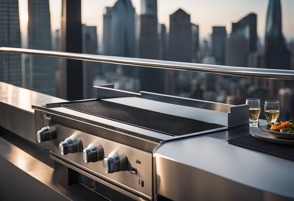 A sleek, minimalist grill with stainless steel and glass panels, situated on a spacious balcony overlooking a city skyline