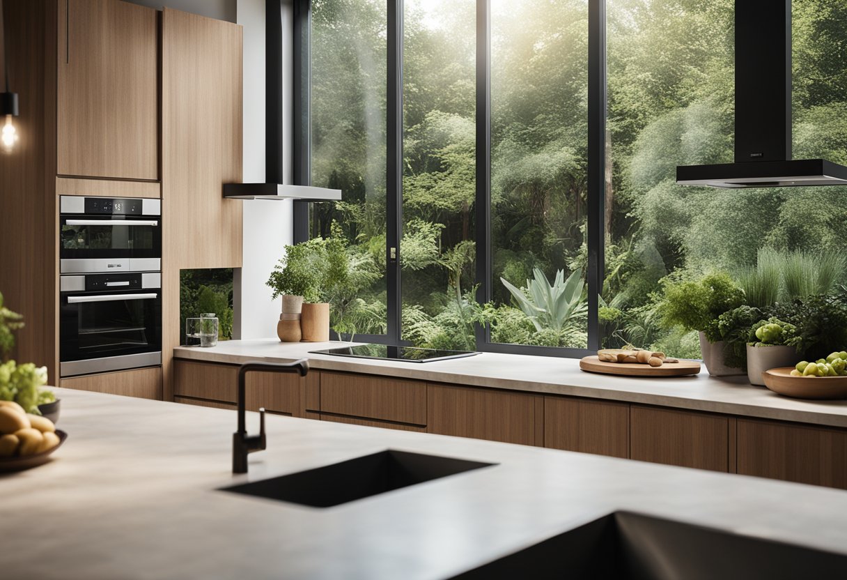 A modern kitchen with large windows opening to a lush garden, featuring natural materials and seamless indoor-outdoor design