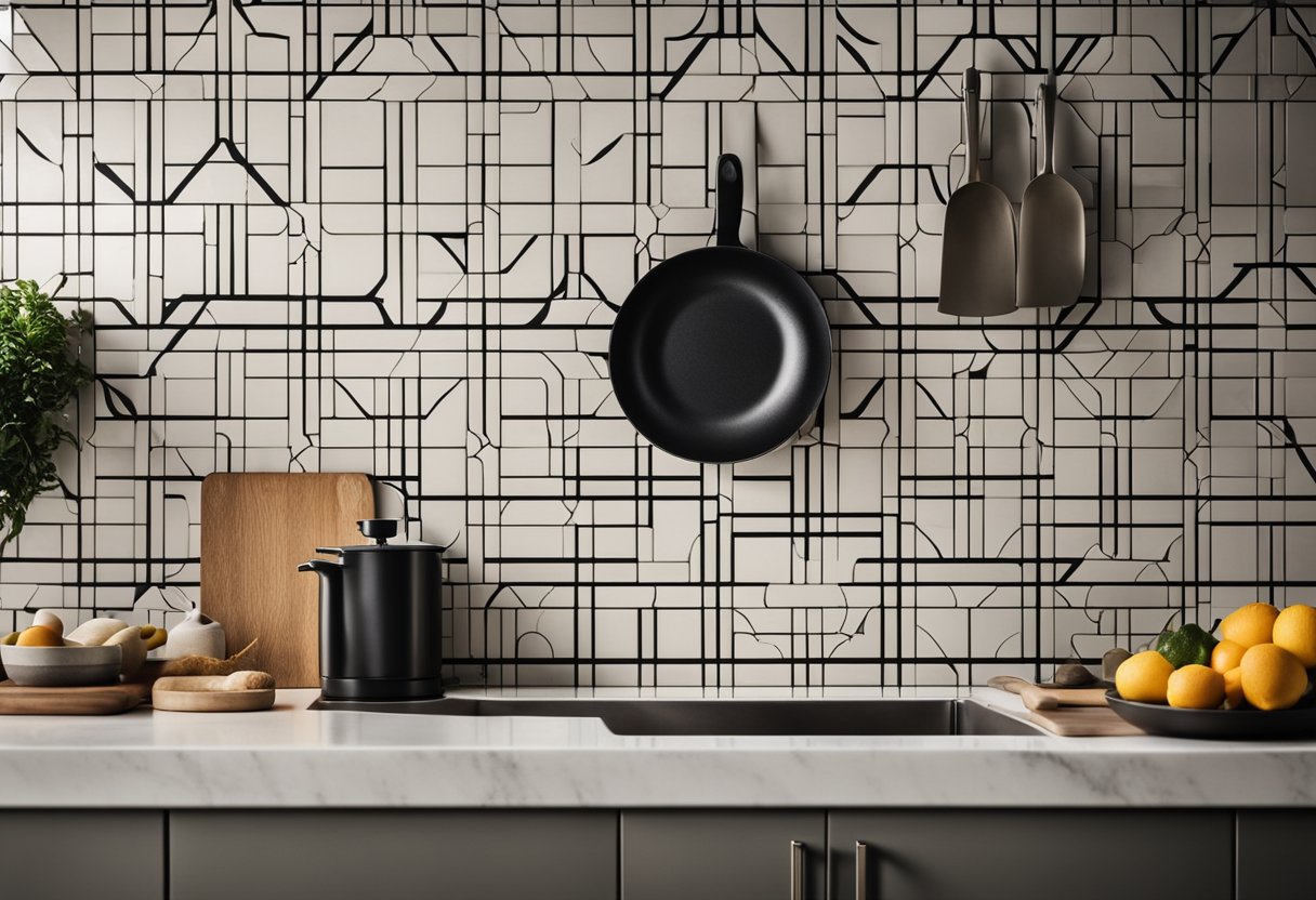 A modern kitchen with geometric patterned backsplash tiles in neutral tones, accented with pops of vibrant color
