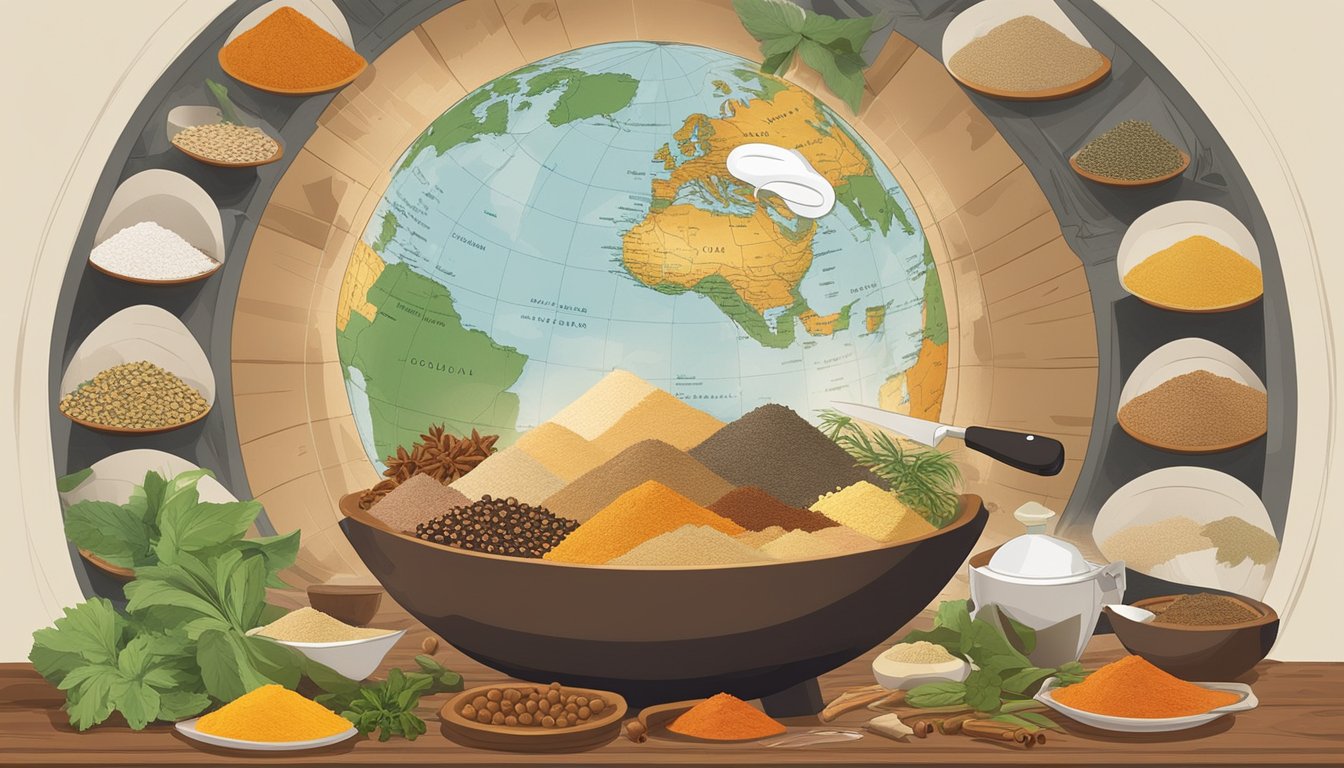 A chef's knife slices through a globe of spices, while a map of global cuisine hangs on the wall. The aroma of exotic herbs fills the air