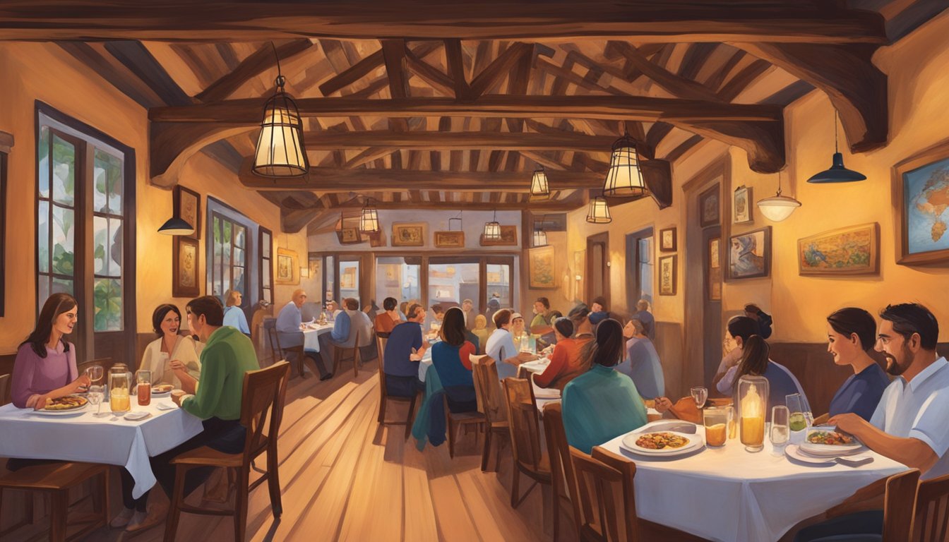 Guests dine in a cozy, rustic interior adorned with traditional Catalan decor. The aroma of sizzling meats and rich sauces fills the air, as diners savor the flavors of Gaig's renowned culinary heritage