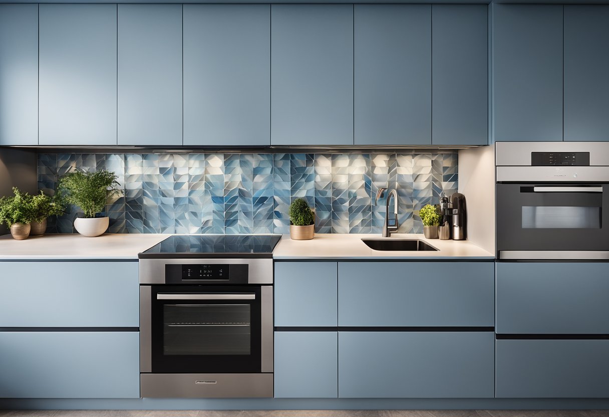 A modern kitchen with sleek, geometric backsplash tiles in various shades of blue and gray. Clean lines and minimalist design create a contemporary and functional space