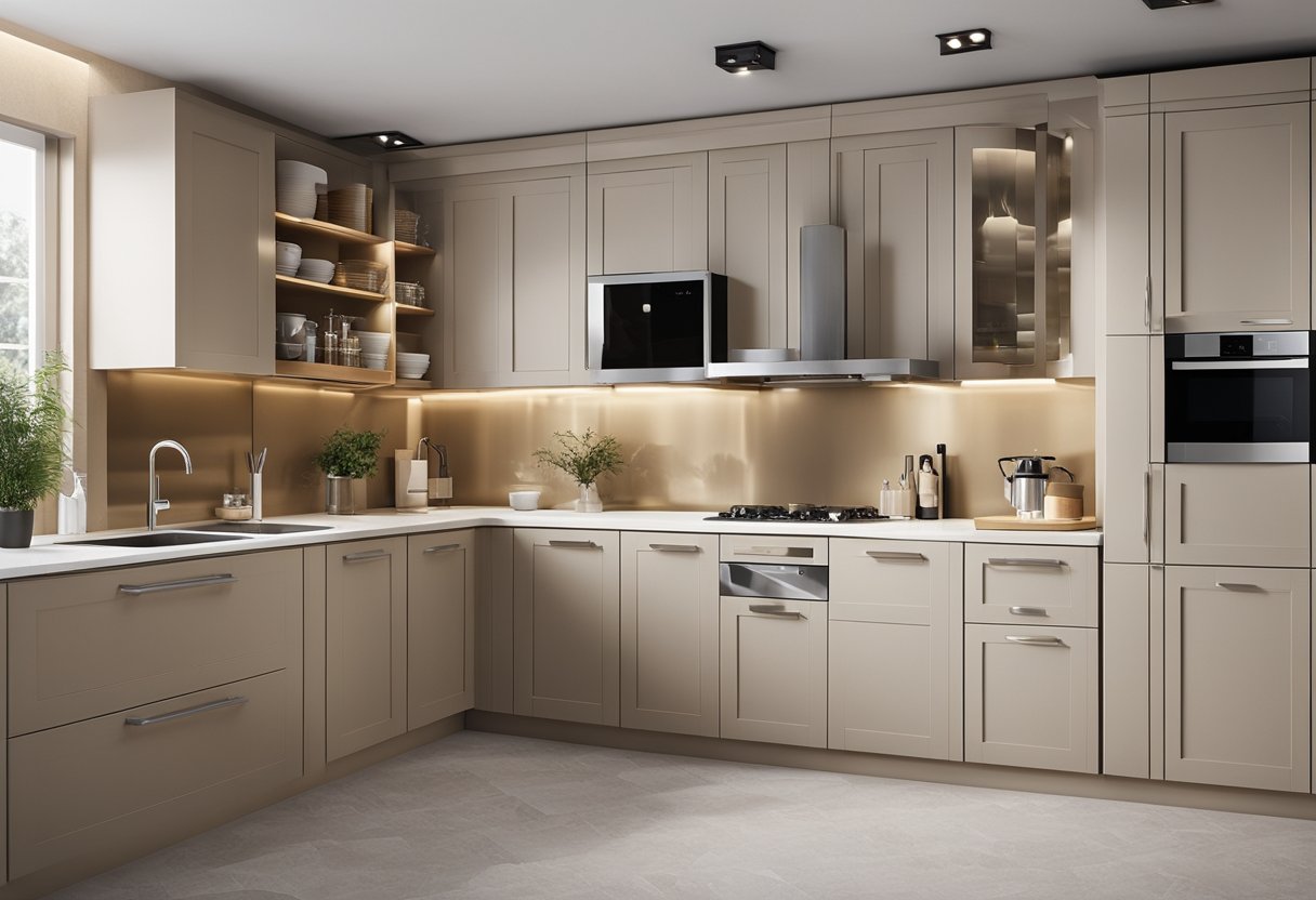 A small kitchen with cleverly designed cabinets to maximize space and storage