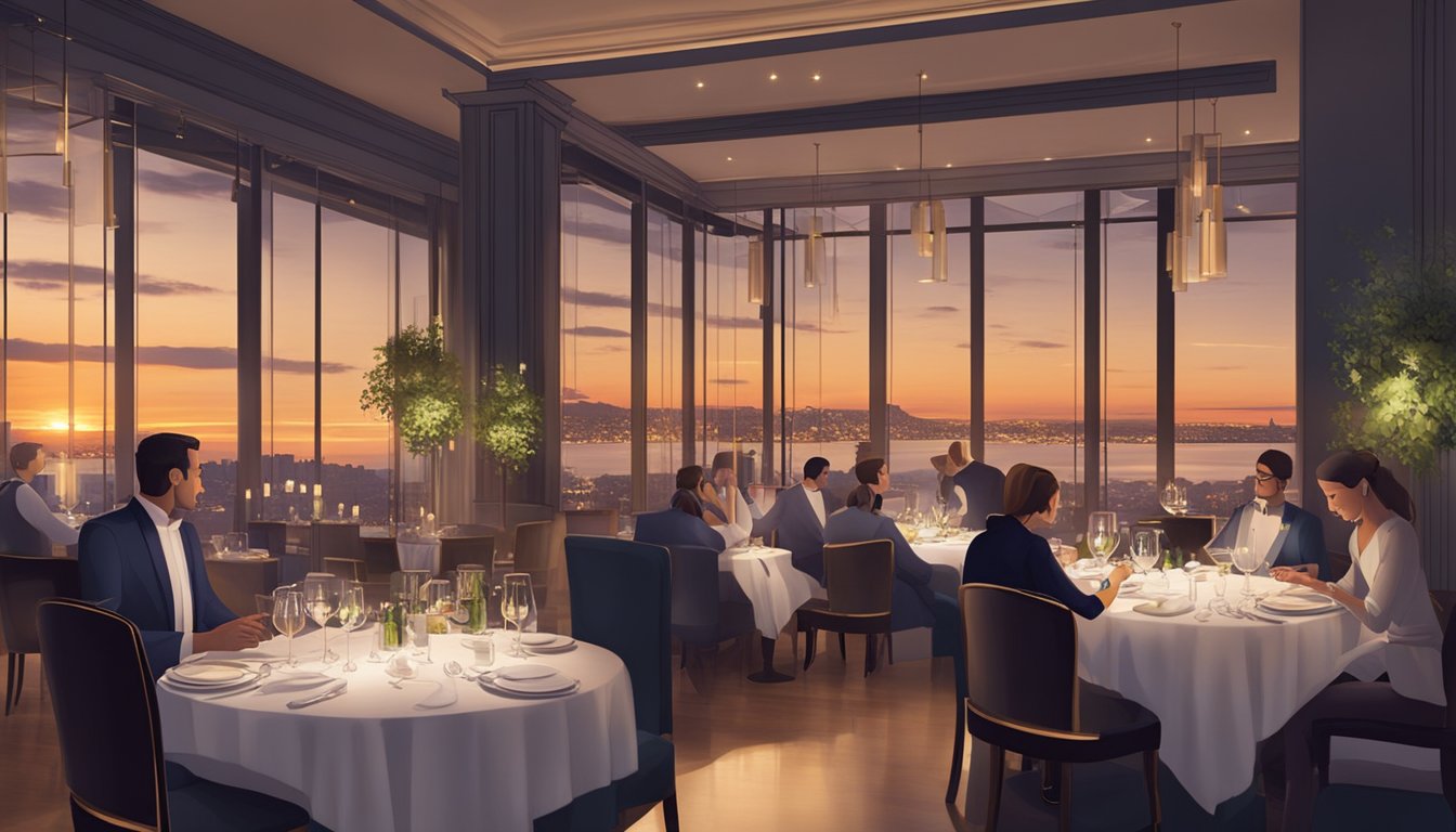 Customers enjoy a fine dining experience at Born Born restaurant, with elegant table settings, ambient lighting, and a view of the chef preparing exquisite dishes