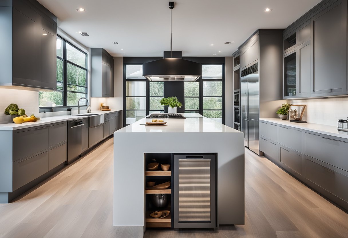 A modern kitchen with sleek cabinets, a large island, and integrated appliances. The space is bright with natural light and features minimalist design elements