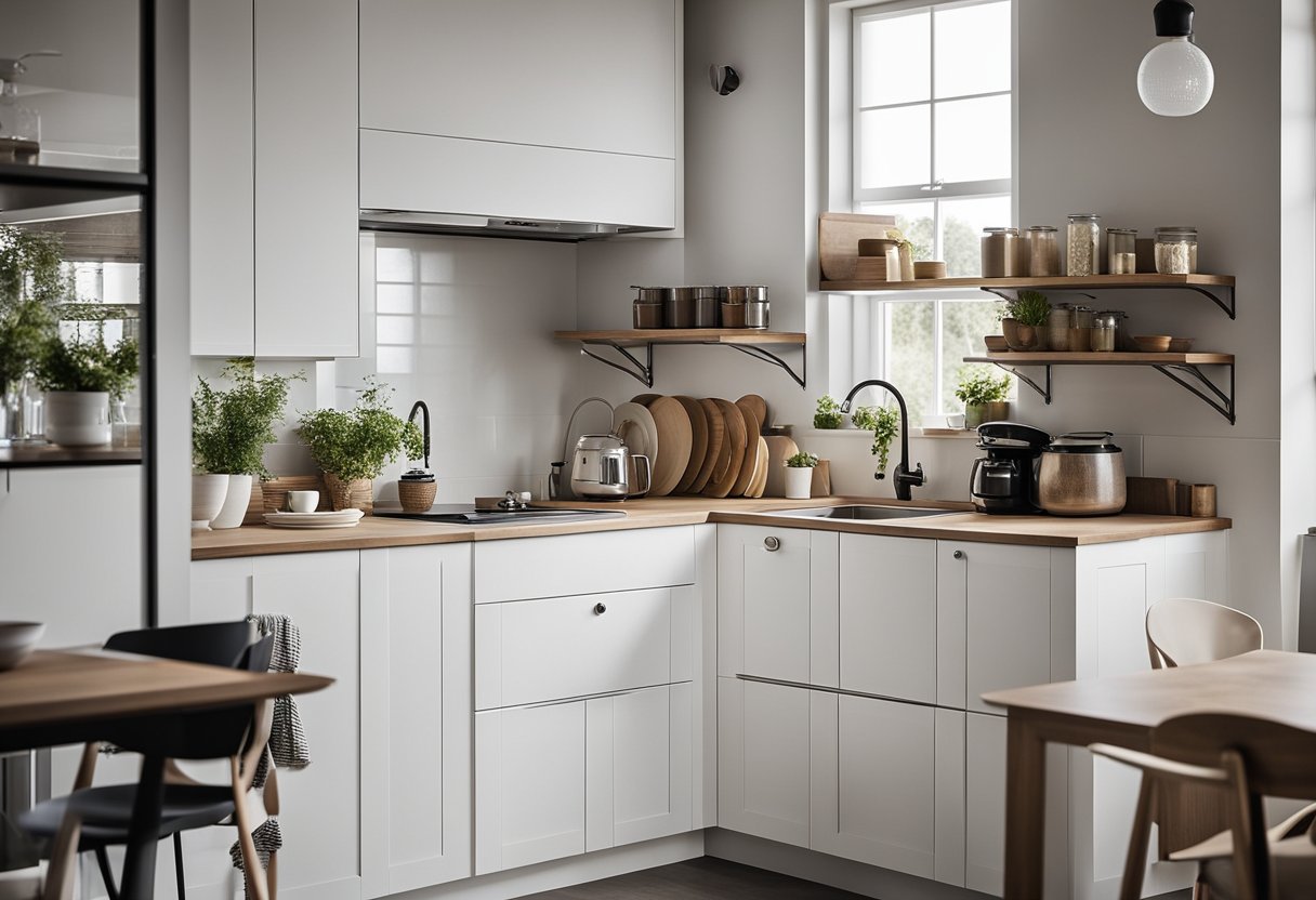 A simple, small kitchen cabinet with clean lines and minimalistic design. Personal touches like decorative knobs and open shelving add a unique aesthetic