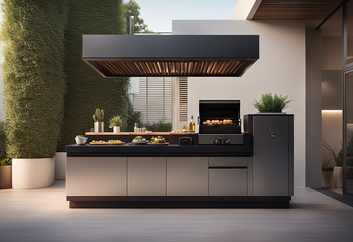 A sleek, minimalist grill with clean lines and integrated storage, set against a backdrop of a spacious, well-furnished balcony with potted plants and ambient lighting