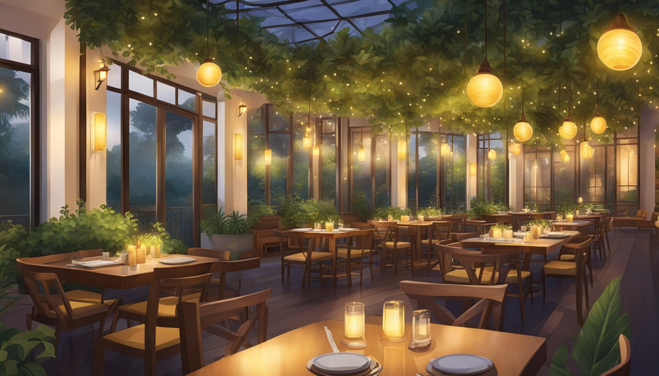 The warm glow of hanging lights illuminates the lush greenery of Eden Restaurant, creating a serene and inviting atmosphere