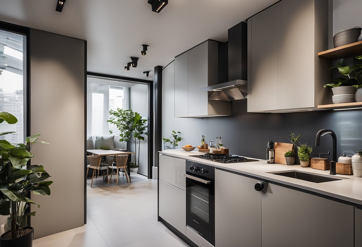 A small kitchen with minimalistic cabinet design, featuring clean lines and simple hardware