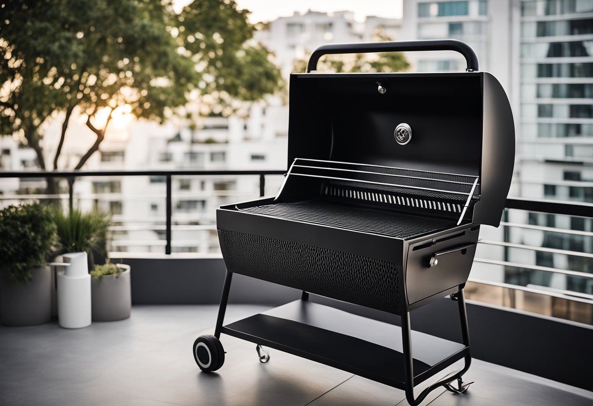 A sleek, minimalist grill mounted on a contemporary balcony with clean lines and modern materials