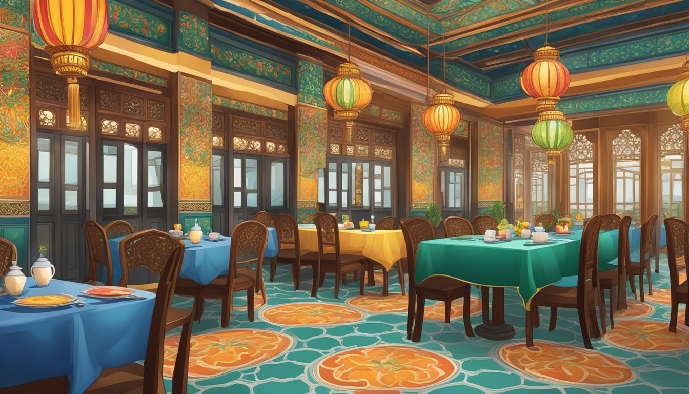 Colorful Peranakan restaurant with ornate furniture, intricate tiled floors, and hanging lanterns. Tables set with vibrant tablecloths and traditional Peranakan dishes