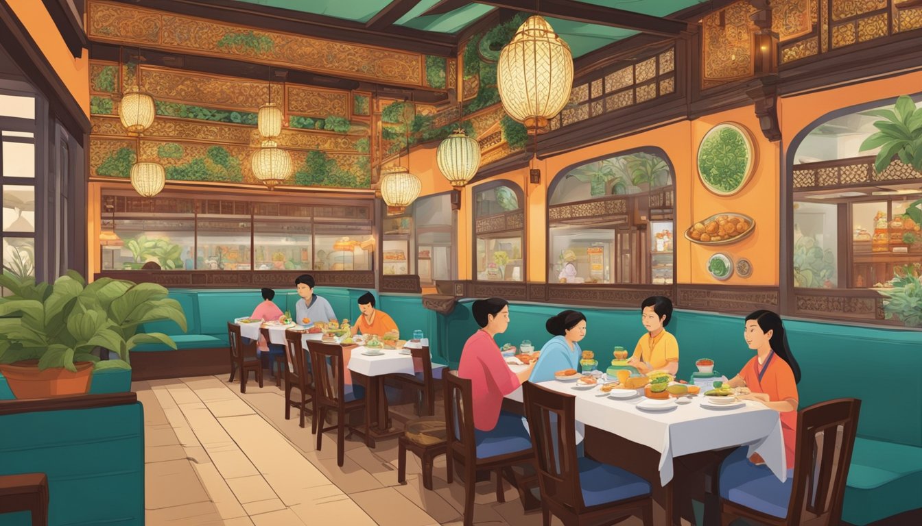 A bustling Peranakan restaurant with vibrant decor and traditional artifacts on display. The aroma of rich, spicy dishes fills the air as diners enjoy their meals