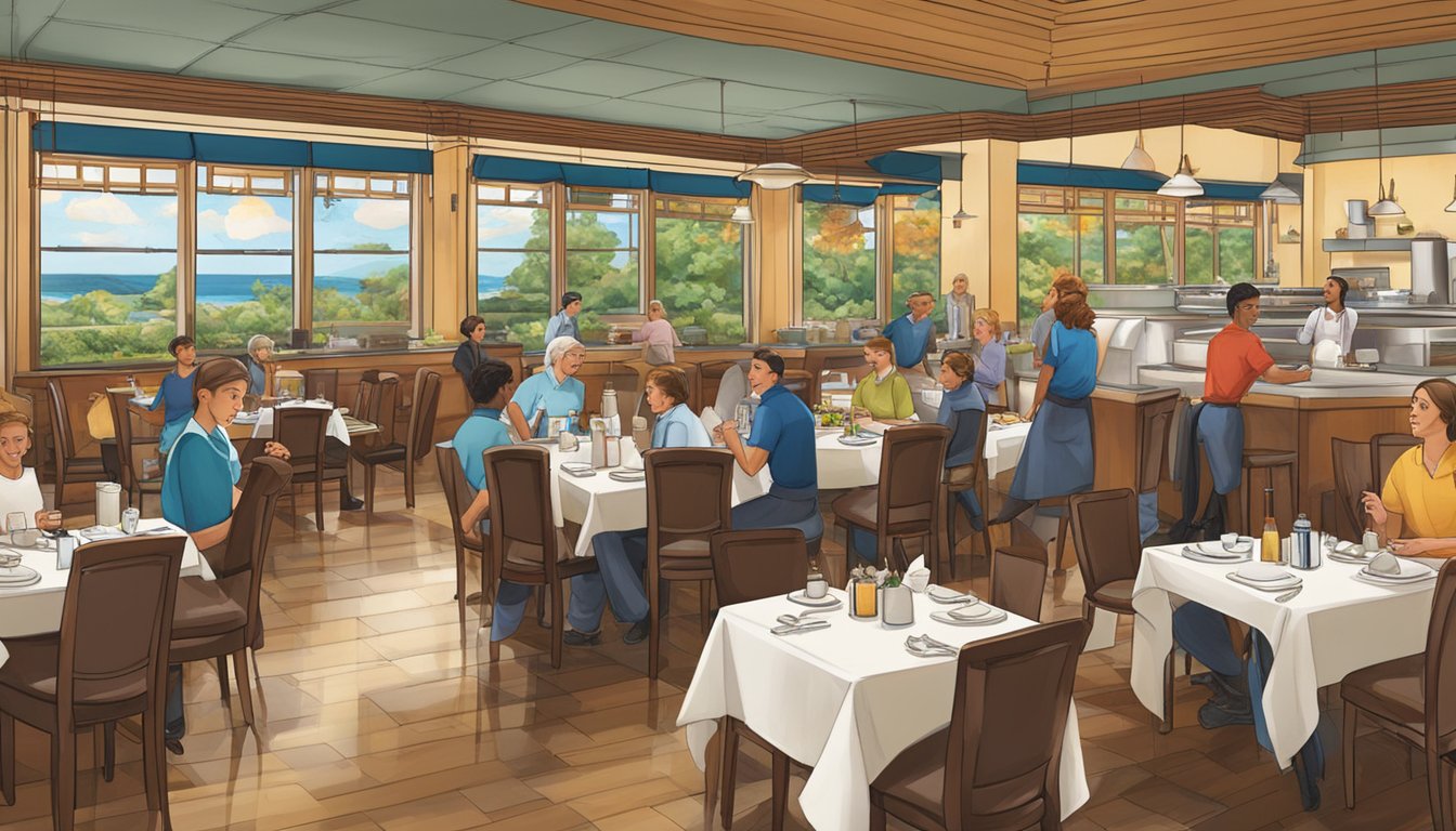 The bustling Northpoint restaurant, with tables filled and waitstaff moving swiftly. The aroma of delicious food fills the air as patrons enjoy their meals